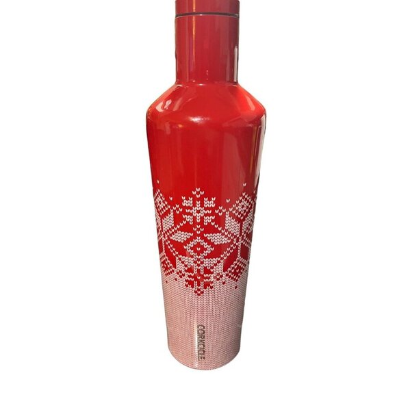Rare Corkcicle Fairisle Red Canteen 25oz Red & White Snowflake Pattern with Lid - Picture 4 of 8